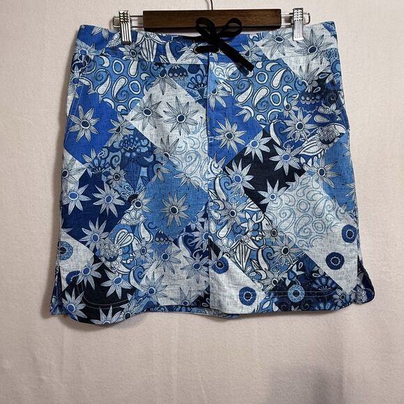 RipSkirt Blue Floral Paisley Patchwork Pull On Skirt Women L Hawaii Swim Pockets - Picture 1 of 12